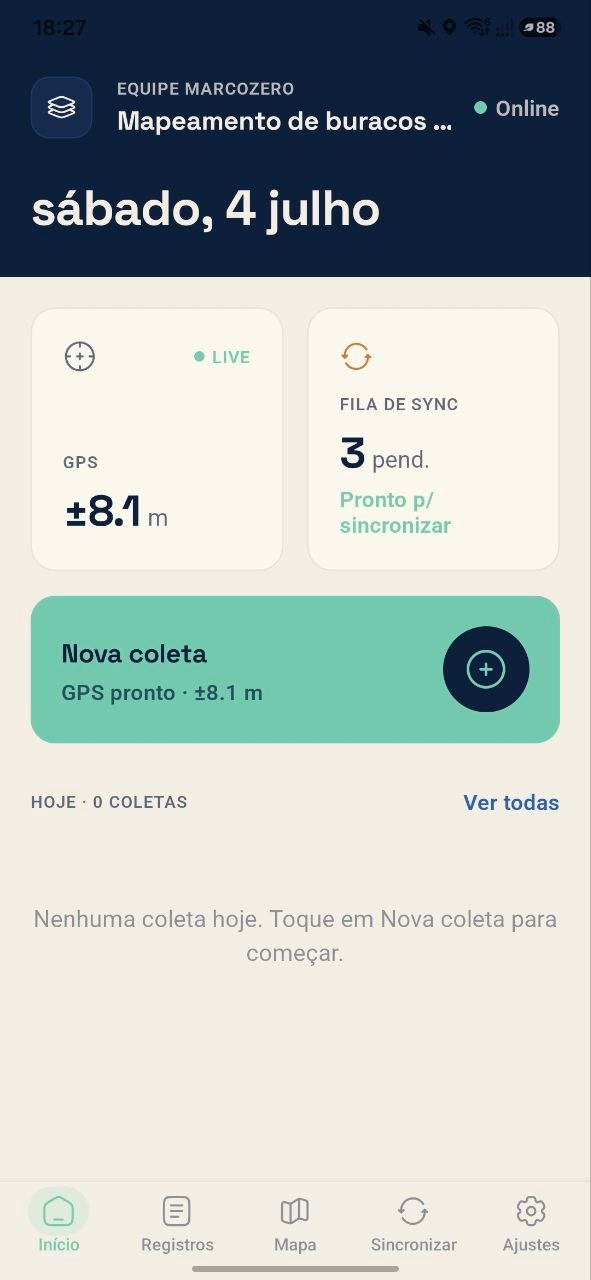 App real: tela inicial com fila de sincronização e registros pendentes